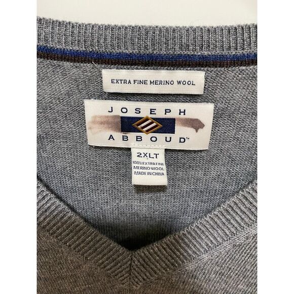 Joseph Abboud Merino Wool Sweater 2XLT Gray V-Neck Lightweight Pullover Casual - Picture 3 of 7
